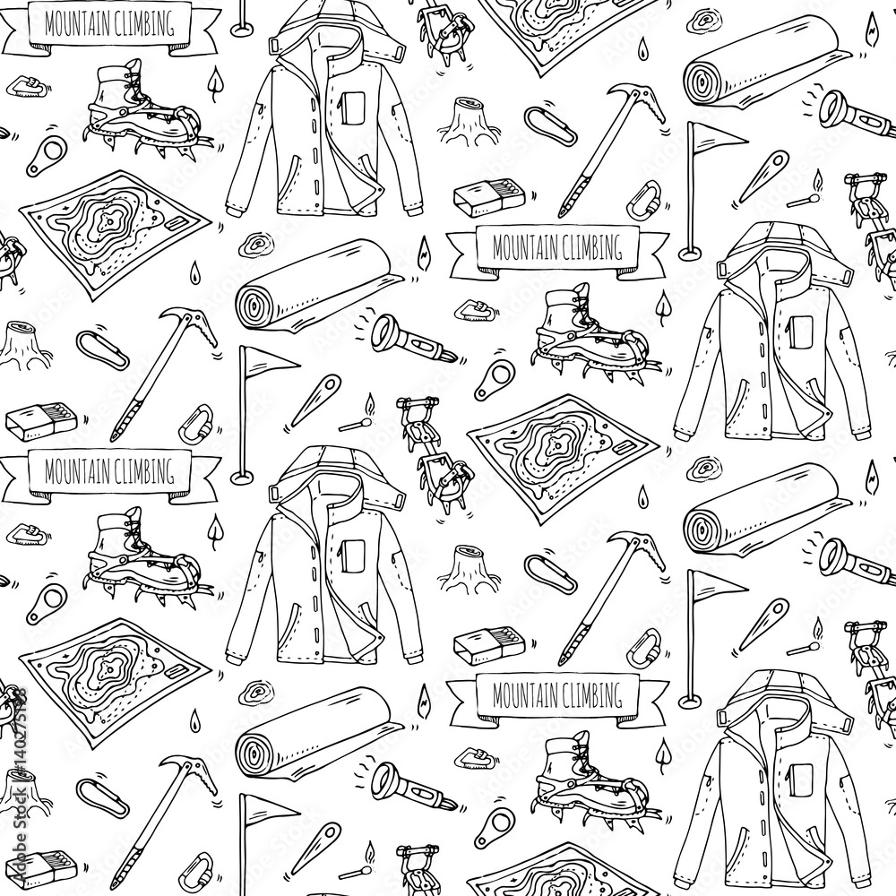 Seamless pattern hand drawn doodle Mountain Climbing icons set. Vector  illustration. Mountaineering equipment collection. Cartoon sketch elements  for trekking, hiking, tourism, expedition, camping. Stock Vector