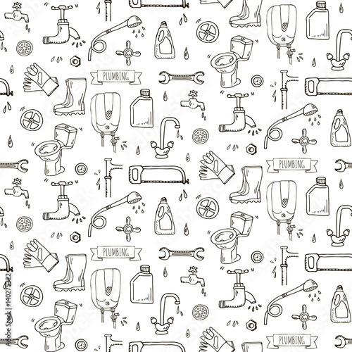 Seamless pattern Hand drawn doodle Plumbing icons set. Vector illustration. Plumber repair tools collection. Cartoon water pipe sketch elements: sink, tube, drain, washing machine, splash, drops, leak