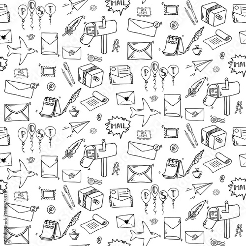 Seamless pattern Hand drawn doodle Postal elements icon set. Vector illustration. Isolated post symbols collection. Cartoon mail element: letter, envelope, stamp, post box, package, delivery truck