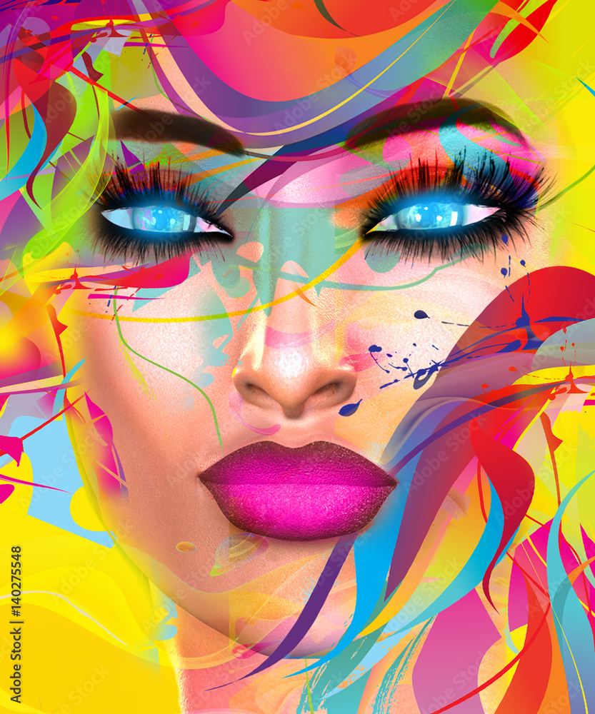 Colorful pop art image of a woman's face. This is a digital art image of a