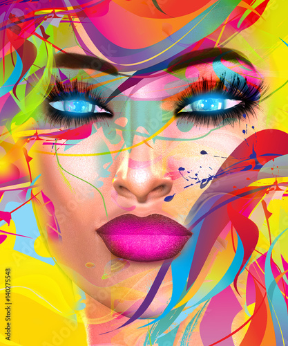 Kolorowy wizerunek twarzy kobiety w stylu pop-art. To jest cyfrowy obraz twarzy kobiety z bliska w stylu pop-art. Nowoczesny, abstrakcyjny, punkowy wygląd, który jest seksowny i pewny siebie.