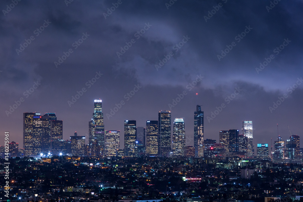 Downtown Los Angeles Night Skyline With Clouds 