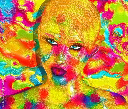 Fototapeta Naklejka Na Ścianę i Meble -  Face of beautiful woman in 3d render. Colorful makeup and abstract background create modern portrait. 
