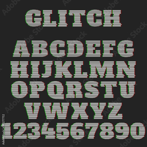 Vector distorted glitch font. Latin letters from A to Z and numbers from 0 to 9