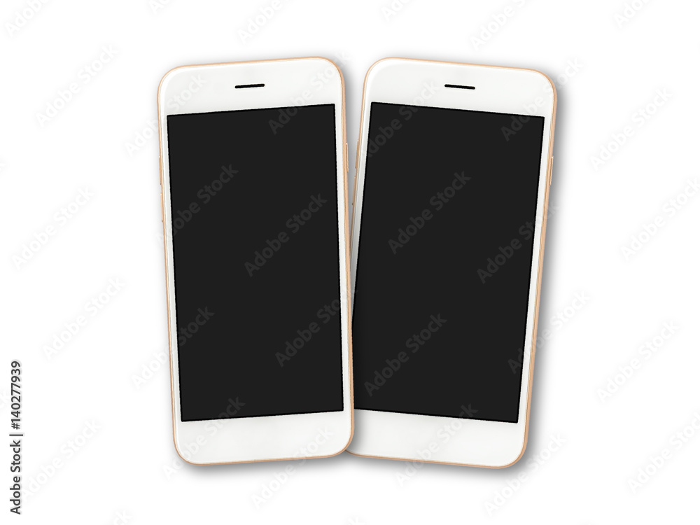 Top view (Flat lay) image of two blank screen smartphone isolate on white background with clipping path Top view (Flat lay) image of two blank screen smartphone isolate on white background with clipping path