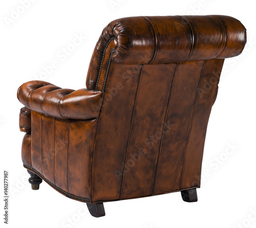Brown leather chair back view with clipping path.