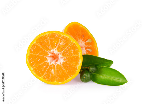 Half of orange fruit and leaf with young orange isolated on white background  Sai Nam Phueng orange of Thailand.