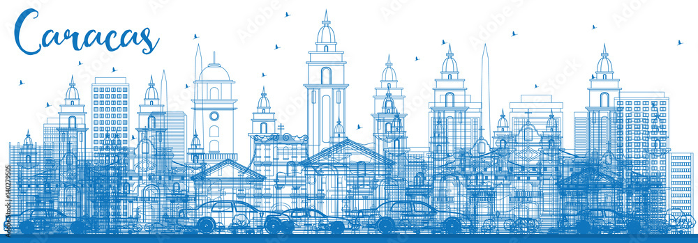 Outline Caracas Skyline with Blue Buildings.