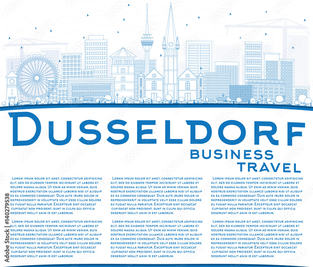 Outline Dusseldorf Skyline with Blue Buildings and Copy Space.