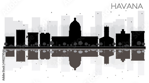 Havana City skyline black and white silhouette with reflections.
