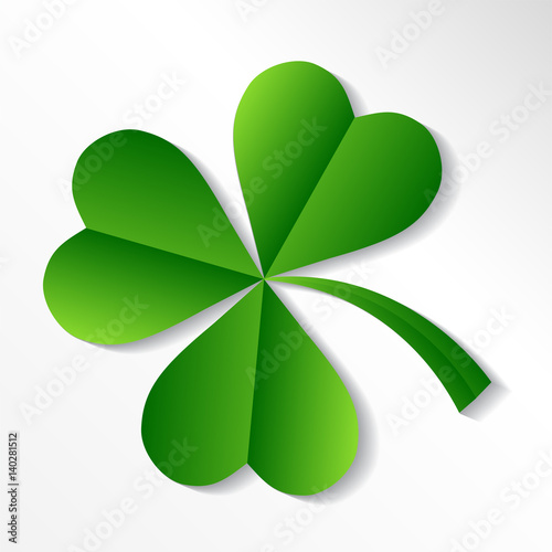 Illustration of Irish Shamrock (clover) in shades of green with nicely curving stalk, white background.