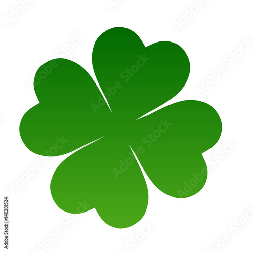 Illustration of Irish Shamrock (clover) in shades of green with nicely curving stalk, white background.