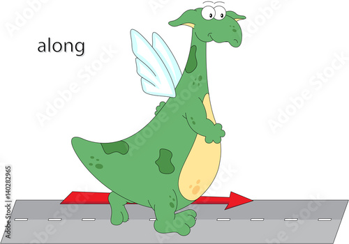 Cartoon dragon goes along the road. English grammar in pictures
