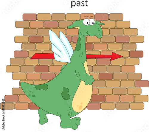 Cartoon dragon goes past the brick wall. English grammar in pictures