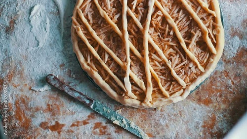 Sliced apples on cake batter in baking pan photo