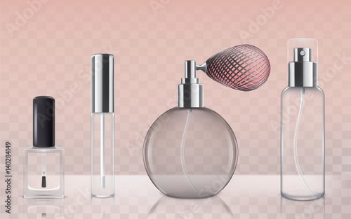 Collection of empty glass cosmetic bottles in realistic style