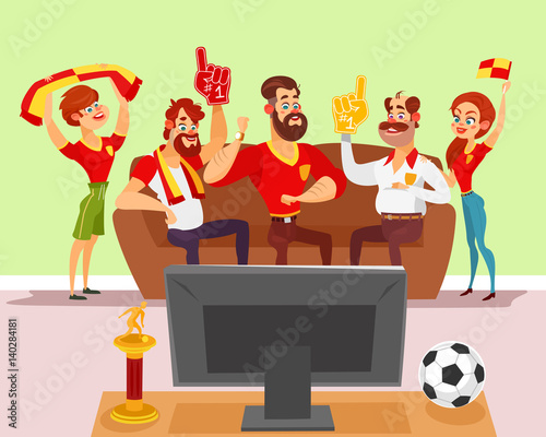 Vector cartoon illustration of a group of friends watching a football match on TV