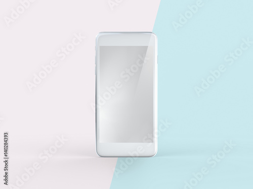 3D Illustration of White Mobile Phone on Simple Pastel Pink Mint Background, Front View. Isolated Mockup.