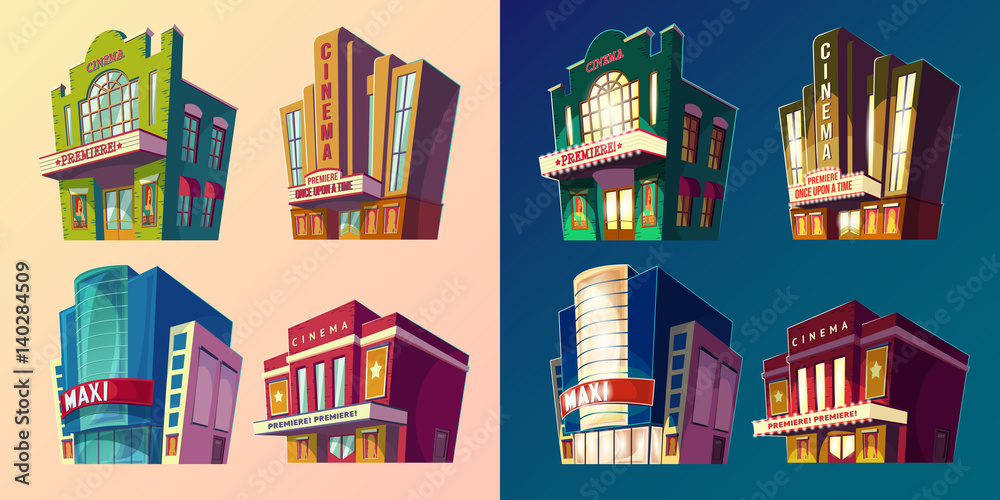 Set of vector isometric illustration of buildings cinema in cartoon style
