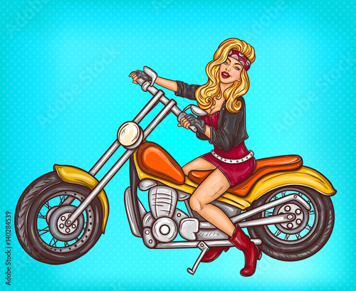 Vector pop art sexy biker girl sitting on a motorcycle