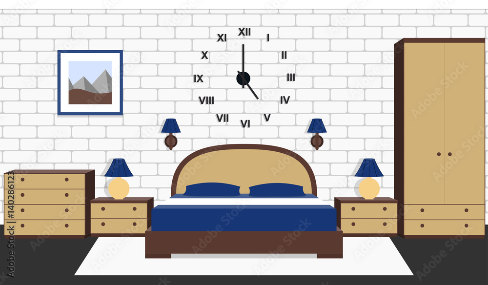 Room interior with bed, furniture. Vector bedroom house design. Cartoon  background in flat style with brick wall and carpet. Stock Vector | Adobe  Stock