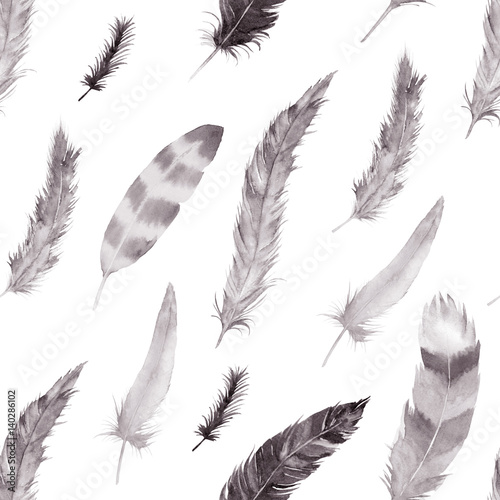 Watercolor feathers pattern. Ethnic hand drawn motif for wrapping, wallpaper, fabric, cards
