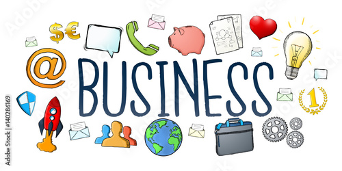 Hand-drawn business text and icons