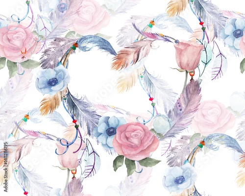 Fototapeta Akwarela, kwiatowy wzór z serca i piór