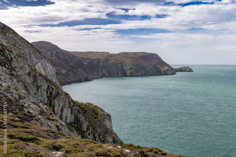 South Stack Lighthouse, seen from North Stack, Holyhead, Isle of Anglesey, Wales, UK