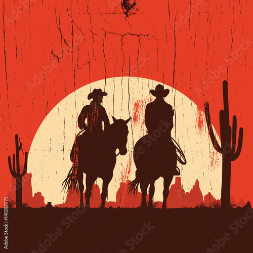 Silhouette of Cowboy Couple riding horses on a wooden sign, vector