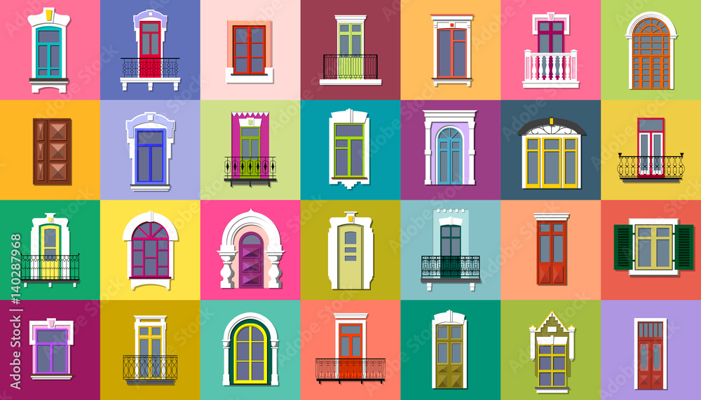 Vector set of flat vintage different decorative doors, windows, balconies on colorful squares.
