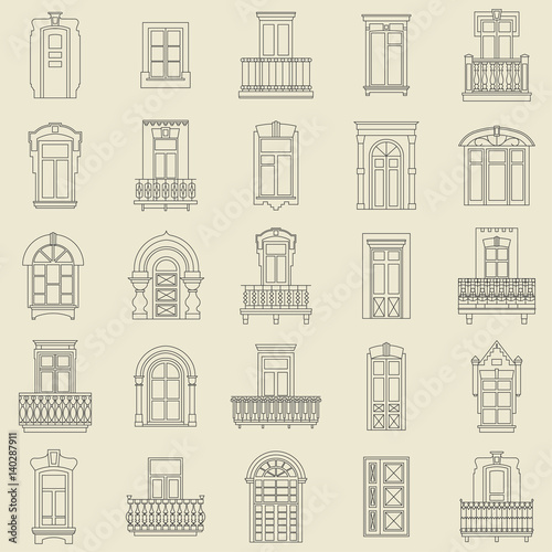 Vector set of black  thin line icons of vintage decorative doors, windows, balconies on white background.