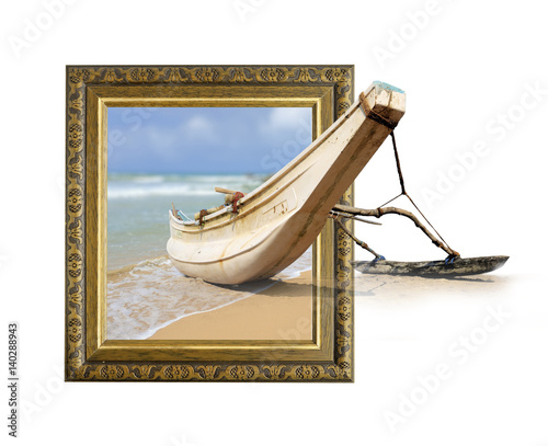 Fishing boat in frame with 3d effect