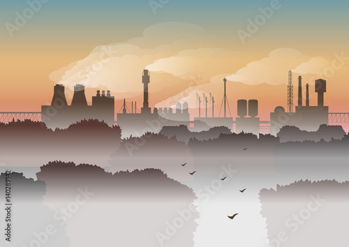 Environmental vector illustration. Trees and factory with smoke in fog on background of sunrise. Protection of environment, urban landscape, ecology, air pollution, exhaust fumes, autumn morning.