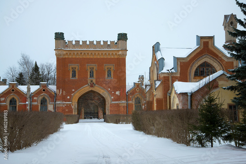 The courtyard of the complex of buildings Imperial stables, gloomy February day. Peterhof
