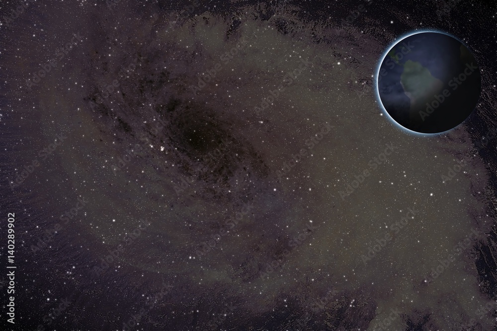 Naklejka premium Black hole and planets . Planet Earth in outer space . Bright beams of radiation. 