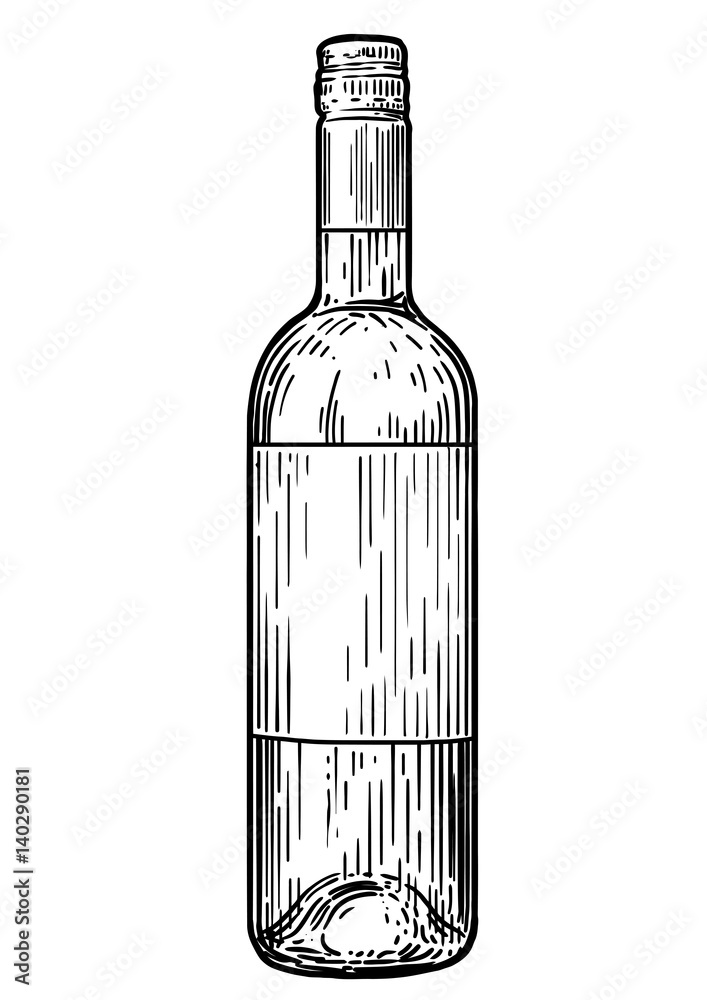Αυτοκόλλητο Wine bootle illustration, drawing, engraving, ink, line art, vector