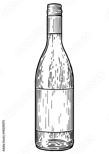 Wine bootle illustration, drawing, engraving, ink, line art, vector