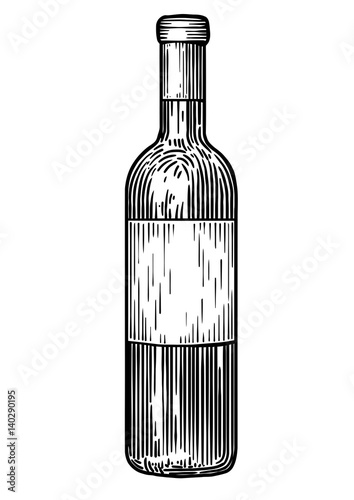 Wine bootle illustration, drawing, engraving, ink, line art, vector