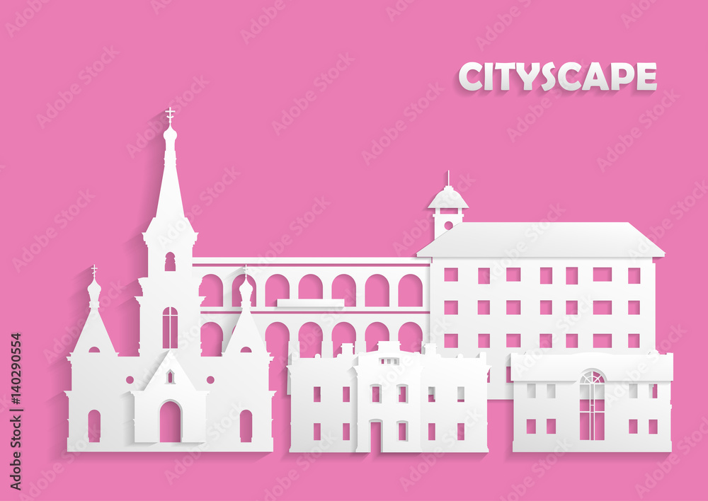 Template for the site, postcard, poster. The concept of ancient city cut out of white paper on pink background. Church, houses and arched bridge.
