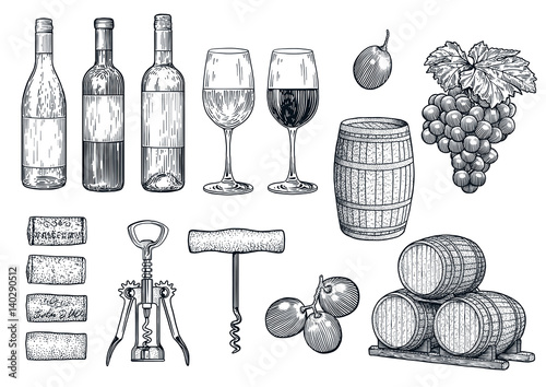 Fotografia, Obraz Wine stuff illustration, drawing, engraving, ink, line art, vector