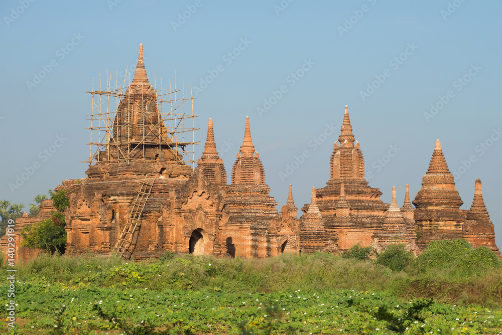 Restored ancient Buddhist temple complex in the vicinity of old Bagan. Myanmar