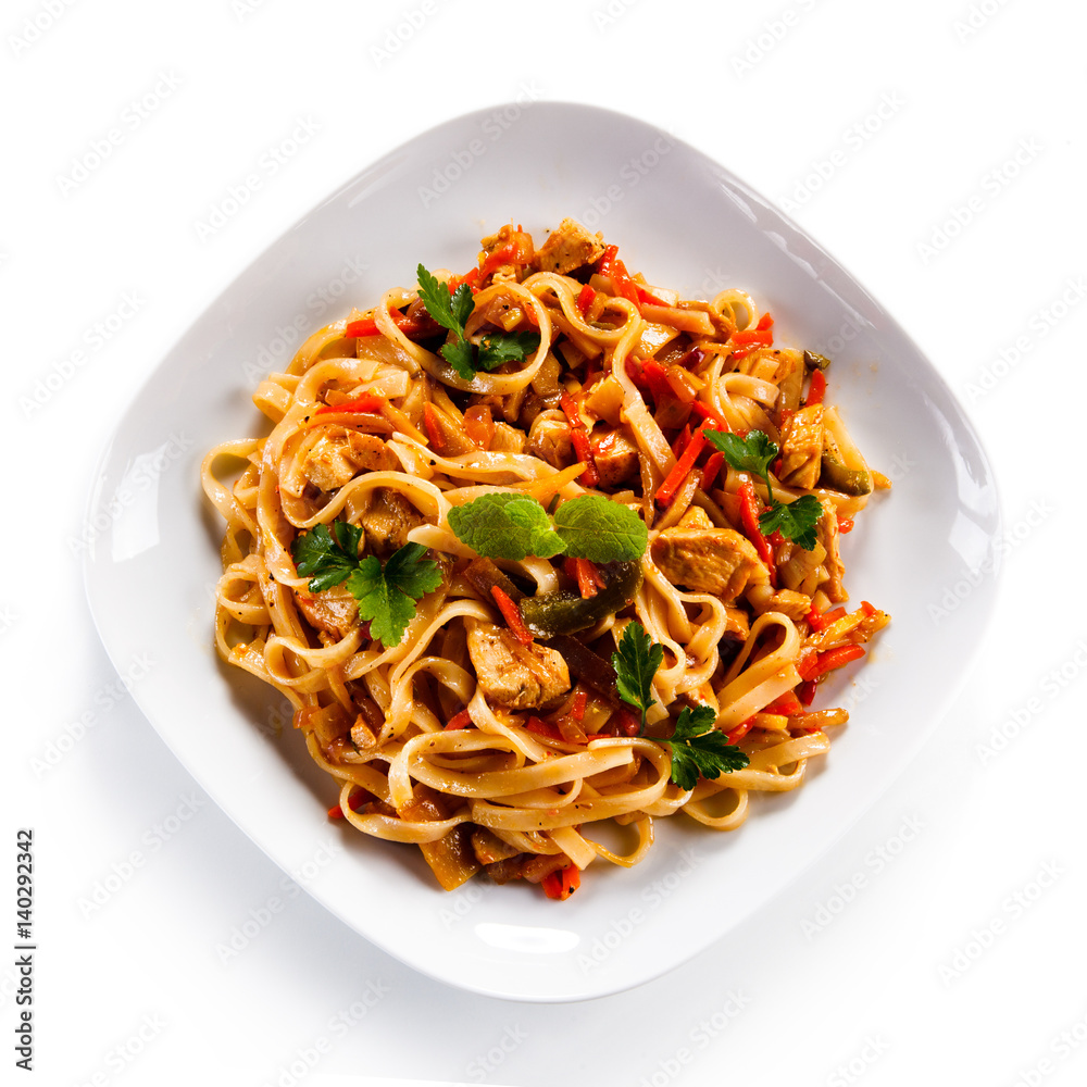Rice noodles with meat, sauce and vegetables Rice noodles with meat, sauce and vegetables