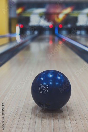 Bowling ball closeup on lane background