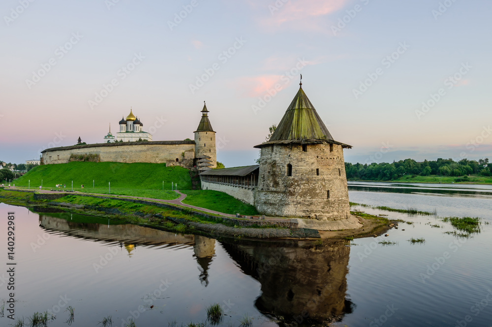The ancient Kremlin in the city of Pskov in Russia in the soft evening light The ancient Kremlin in the city of Pskov in Russia in the soft evening light