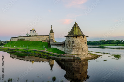 The ancient Kremlin in the city of Pskov in Russia in the soft evening light