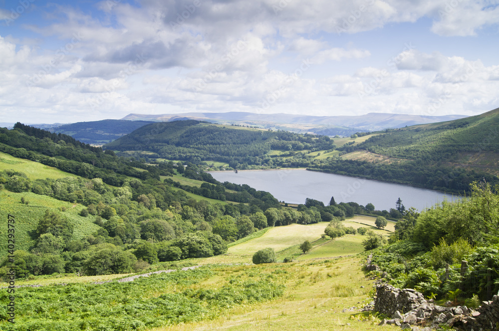 View of Talybont Reservoir in the Brecon Beacons on a sunny day