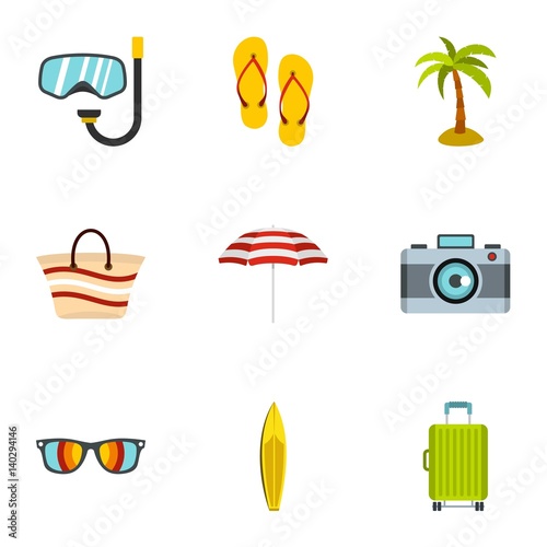 Beach icons set, flat style