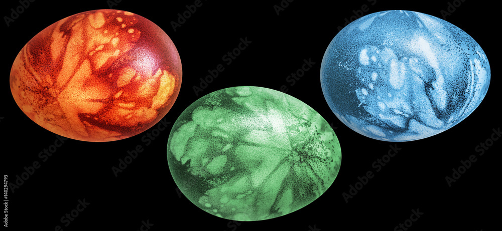 Obraz premium Three Colorful Easter Eggs Hand Painted and Decorated with Leaves Imprints Isolated on Black Background