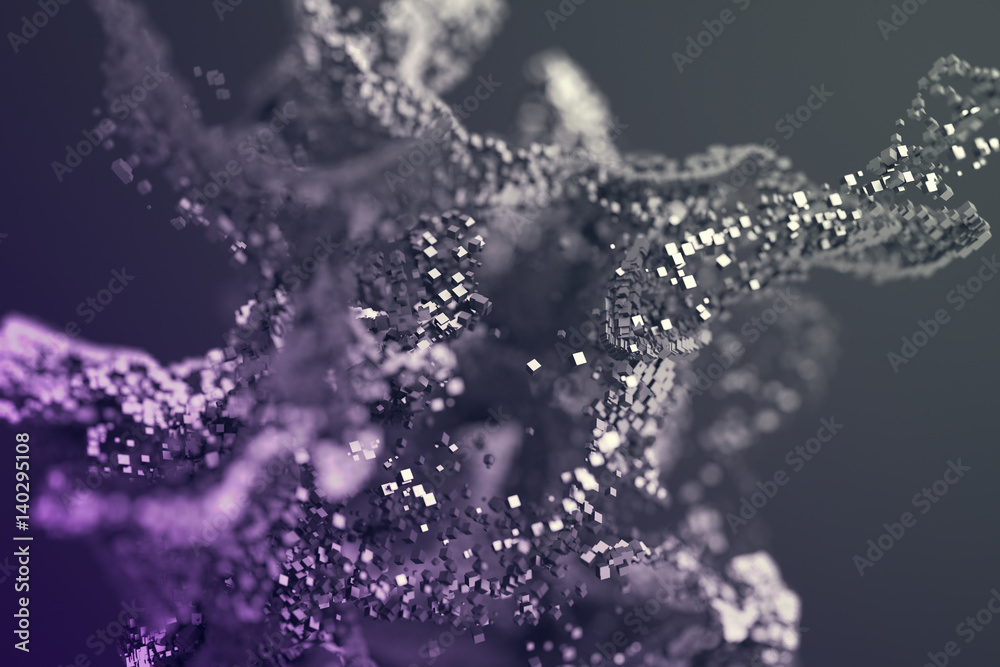 Fototapeta premium Abstract 3d rendering of chaotic particles. Flying cubes in empty space. Dynamic shape. Futuristic background with bokeh, depth of field effect. Design for poster, banner, placard.